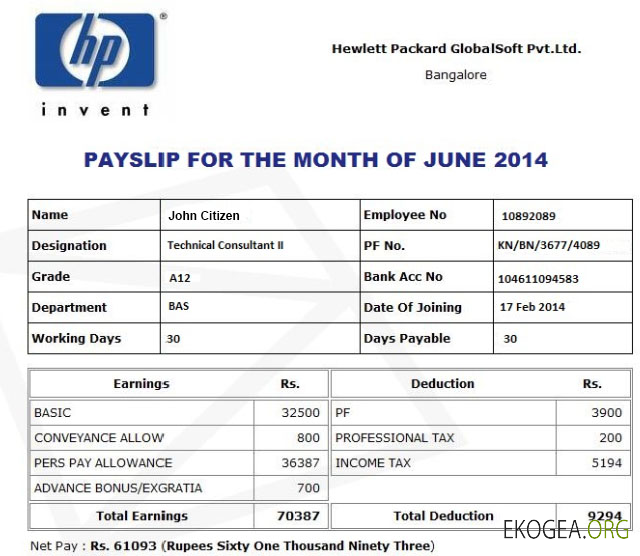 Fiche de paie HP HEWLETT Packard GlobalSoft Pvt.Ltd aux formats Word et PDF